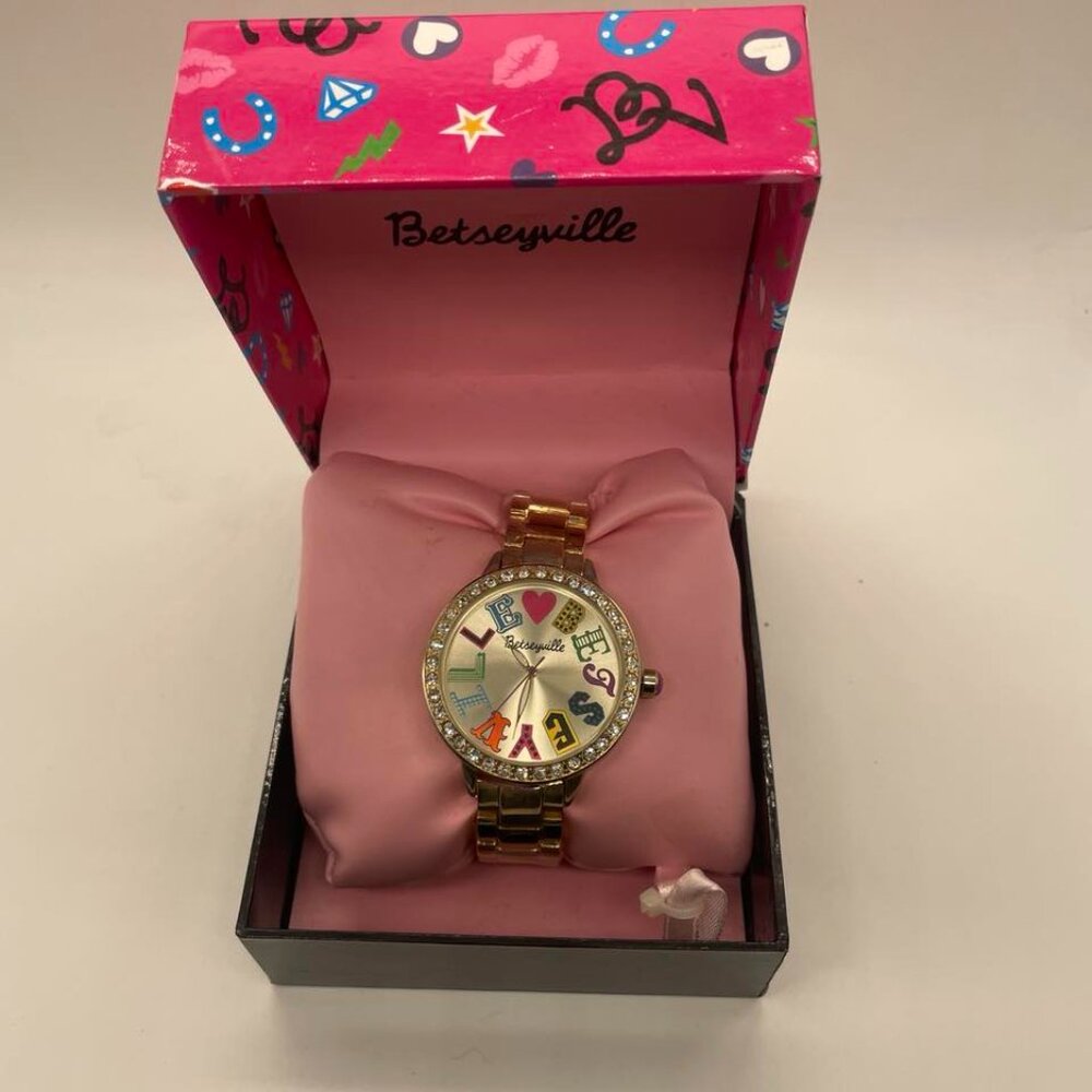 NIB Betseyville Women's Rhinestone Watch Gold Tone Link Band Y2K
